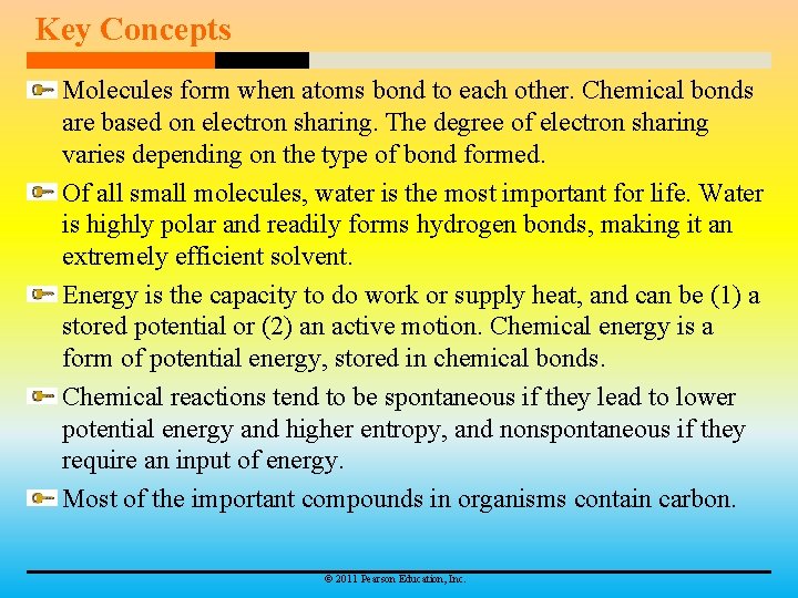 Key Concepts Molecules form when atoms bond to each other. Chemical bonds are based