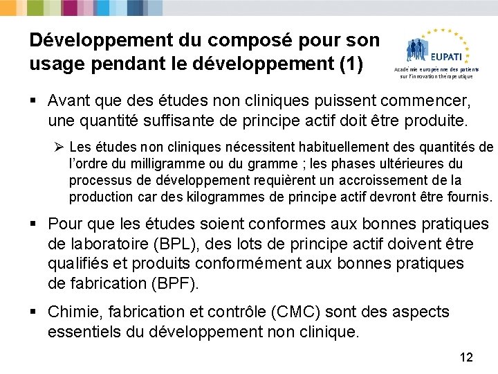 Développement du composé pour son usage pendant le développement (1) Académie européenne des patients