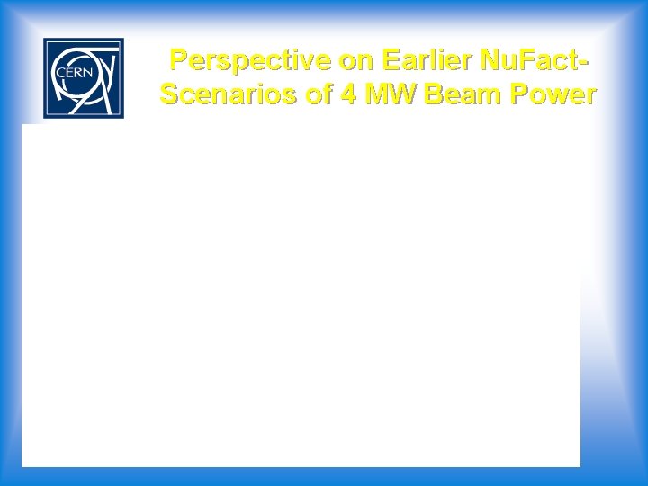 Perspective on Earlier Nu. Fact. Scenarios of 4 MW Beam Power 