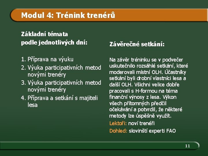 Modul 4: Trénink trenérů Základní témata podle jednotlivých dní: 1. Příprava na výuku 2.