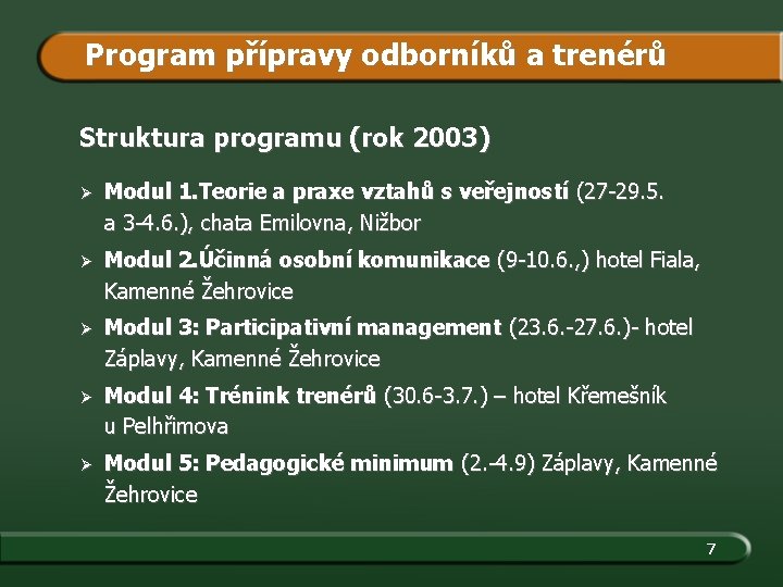Program přípravy odborníků a trenérů Struktura programu (rok 2003) Ø Modul 1. Teorie a