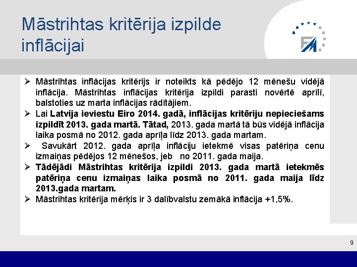 Māstrihtas kritērija izpilde inflācijai Ø Māstrihtas inflācijas kritērijs ir noteikts kā pēdējo 12 mēnešu