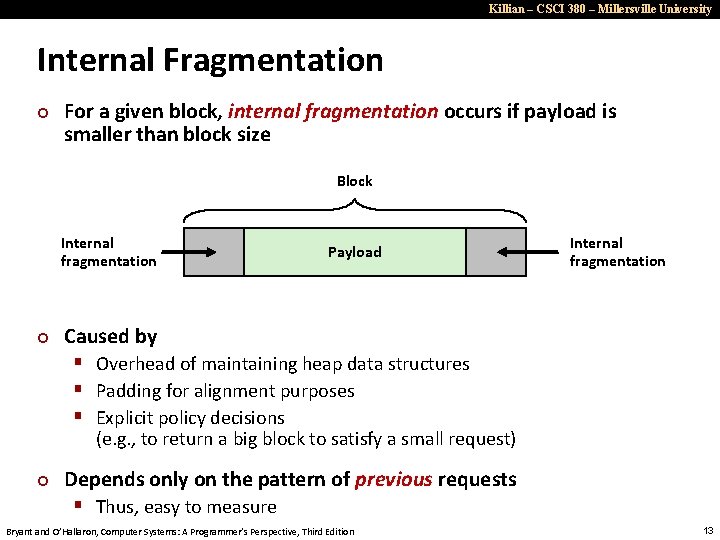 Killian – CSCI 380 – Millersville University Internal Fragmentation ¢ For a given block,