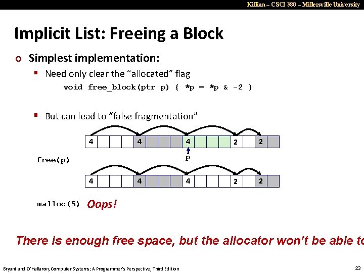 Killian – CSCI 380 – Millersville University Implicit List: Freeing a Block ¢ Simplest