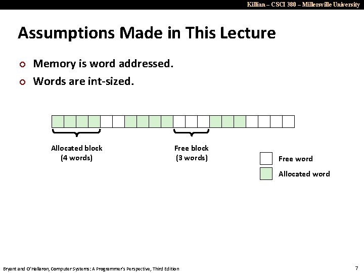 Killian – CSCI 380 – Millersville University Assumptions Made in This Lecture ¢ ¢