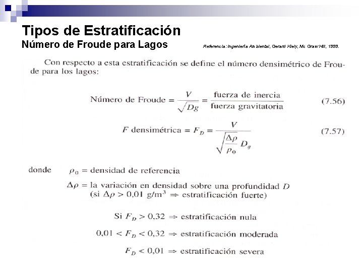 Tipos de Estratificación Número de Froude para Lagos Calidad de agua Referencia: Ingeniería Ambiental,