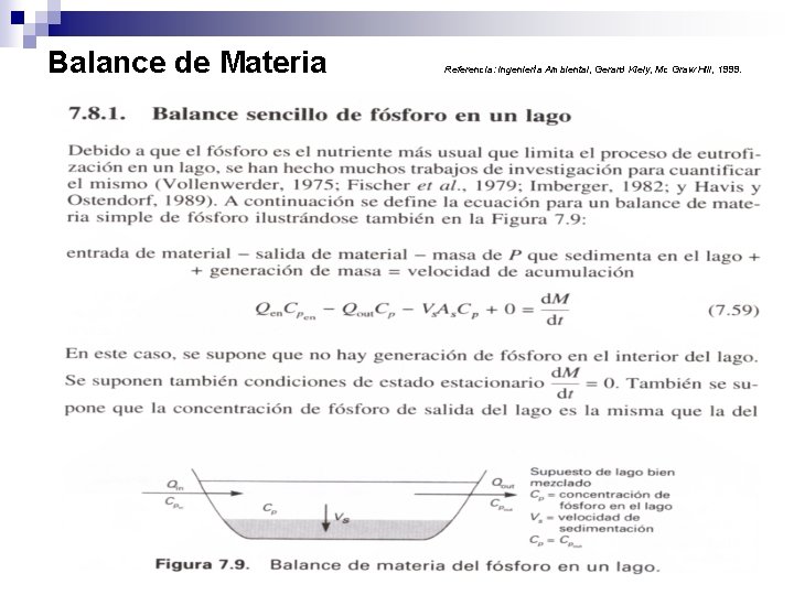 Balance de Materia Calidad de agua Referencia: Ingeniería Ambiental, Gerard Kiely, Mc Graw Hill,