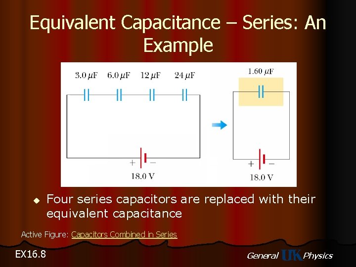 Equivalent Capacitance – Series: An Example u Four series capacitors are replaced with their