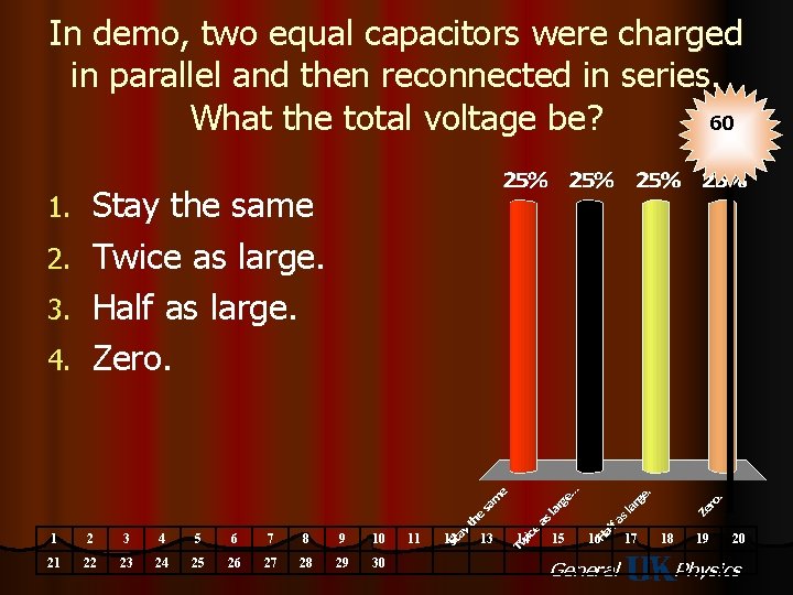 In demo, two equal capacitors were charged in parallel and then reconnected in series.