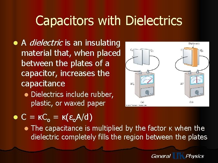 Capacitors with Dielectrics l A dielectric is an insulating material that, when placed between