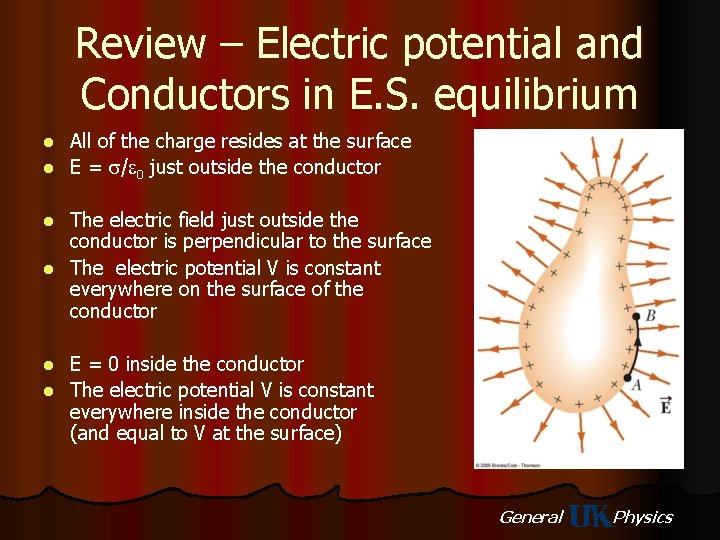 Review – Electric potential and Conductors in E. S. equilibrium All of the charge