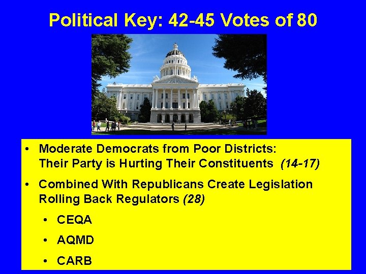 Political Key: 42 -45 Votes of 80 • Moderate Democrats from Poor Districts: Their