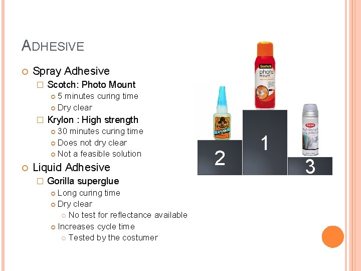 ADHESIVE Spray Adhesive � Scotch: Photo Mount 5 minutes curing time Dry clear �