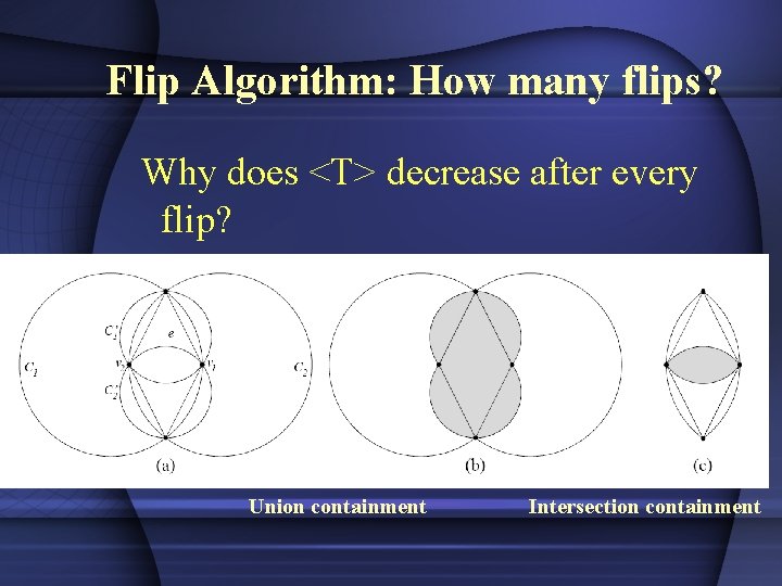 Flip Algorithm: How many flips? Why does <T> decrease after every flip? Union containment