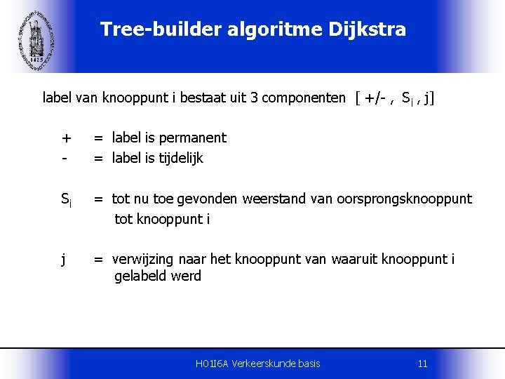 Tree-builder algoritme Dijkstra label van knooppunt i bestaat uit 3 componenten [ +/- ,