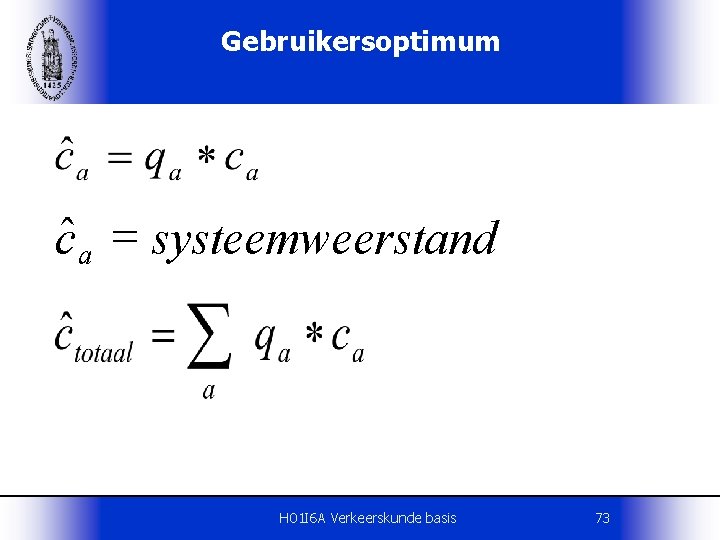 Gebruikersoptimum cˆa = systeemweerstand H 01 I 6 A Verkeerskunde basis 73 