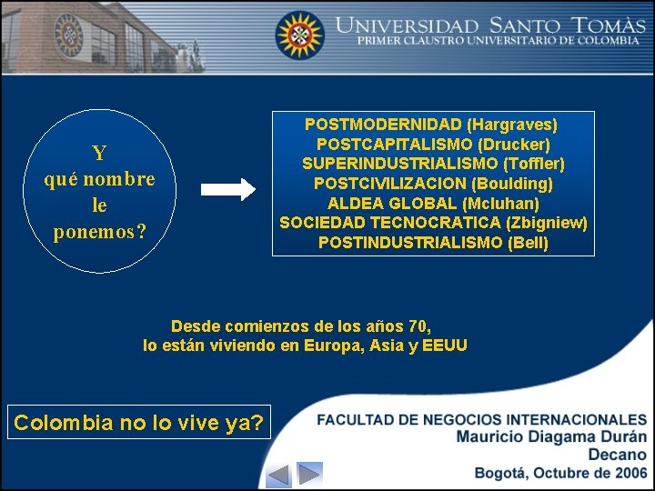 Y qué nombre le ponemos? POSTMODERNIDAD (Hargraves) POSTCAPITALISMO (Drucker) SUPERINDUSTRIALISMO (Toffler) POSTCIVILIZACION (Boulding) ALDEA