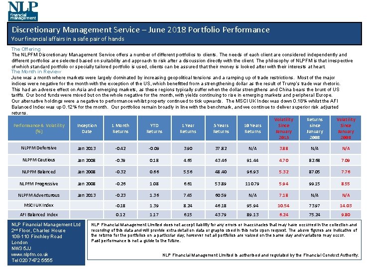 Discretionary Management Service – June 2018 Portfolio Performance Your financial affairs in a safe