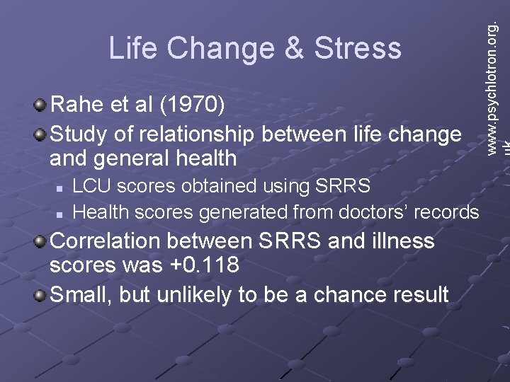 Rahe et al (1970) Study of relationship between life change and general health n