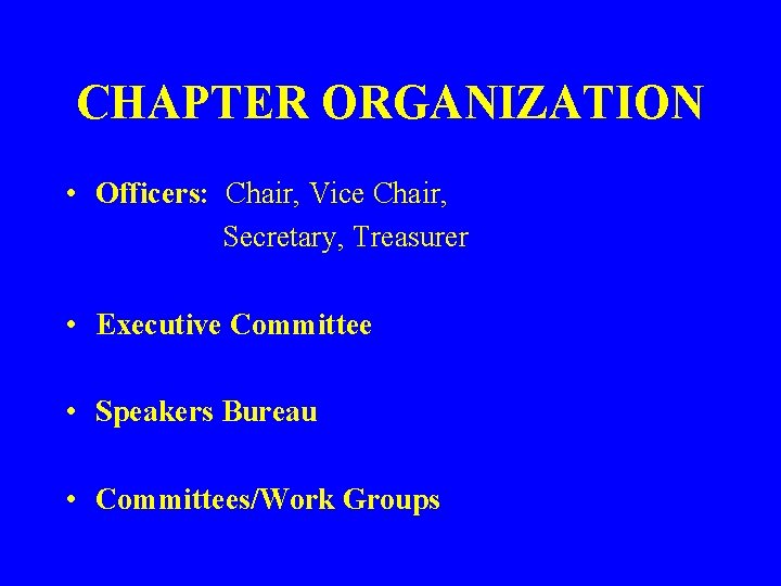 CHAPTER ORGANIZATION • Officers: Chair, Vice Chair, Secretary, Treasurer • Executive Committee • Speakers