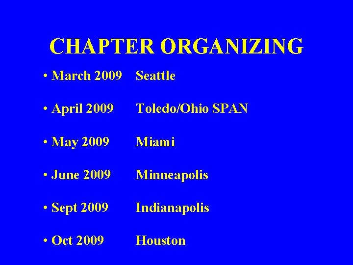 CHAPTER ORGANIZING • March 2009 Seattle • April 2009 Toledo/Ohio SPAN • May 2009