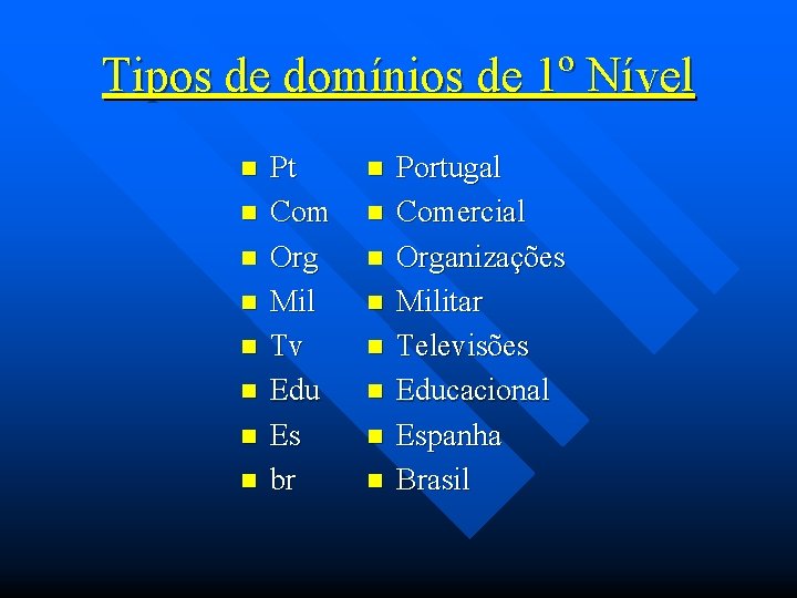 Tipos de domínios de 1º Nível n n n n Pt Com Org Mil