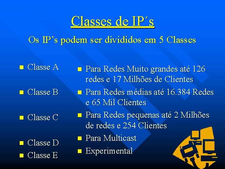 Classes de IP´s Os IP’s podem ser divididos em 5 Classes n Classe A