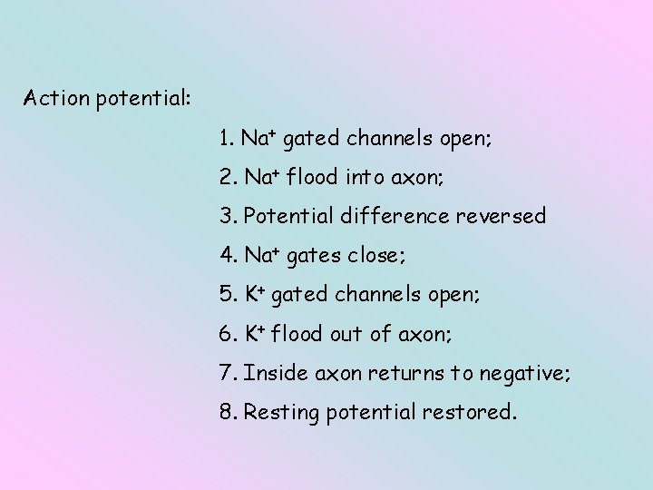 Action potential: 1. Na+ gated channels open; 2. Na+ flood into axon; 3. Potential