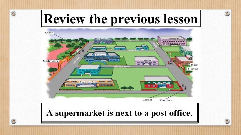 Review the previous lesson you give the location busoffice. stop? ACan supermarket is next