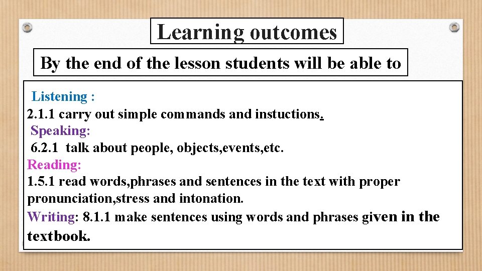 Learning outcomes By the end of the lesson students will be able to Listening