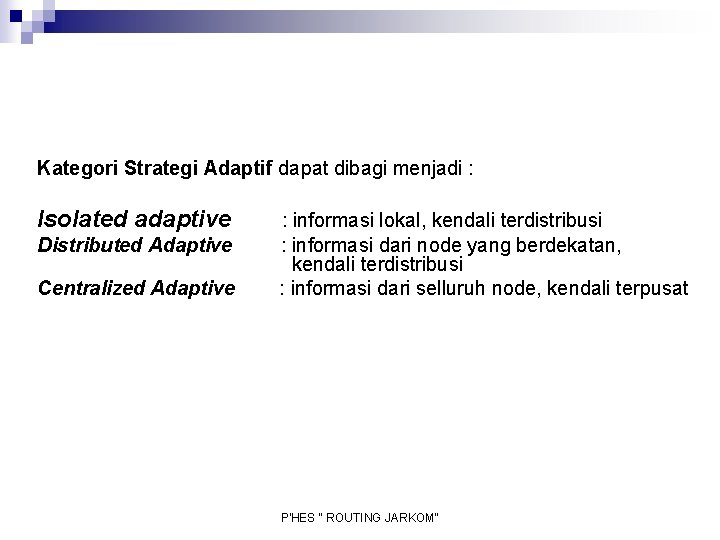 Kategori Strategi Adaptif dapat dibagi menjadi : Isolated adaptive Distributed Adaptive Centralized Adaptive :