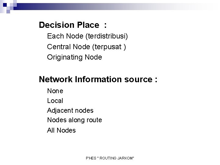 Decision Place : Each Node (terdistribusi) Central Node (terpusat ) Originating Node Network Information