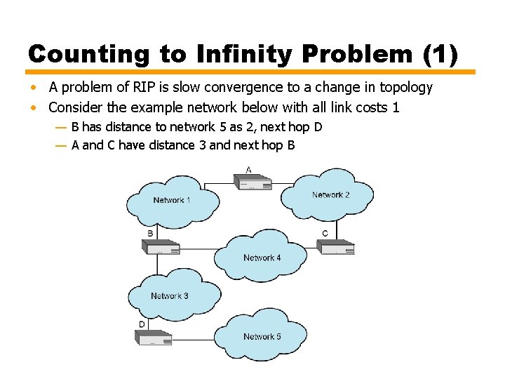 Counting to Infinity Problem (1) • A problem of RIP is slow convergence to