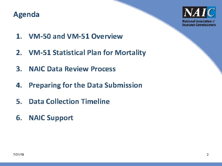 Agenda 1. VM-50 and VM-51 Overview 2. VM-51 Statistical Plan for Mortality 3. NAIC Agenda 1. VM-50 and VM-51 Overview 2. VM-51 Statistical Plan for Mortality 3. NAIC