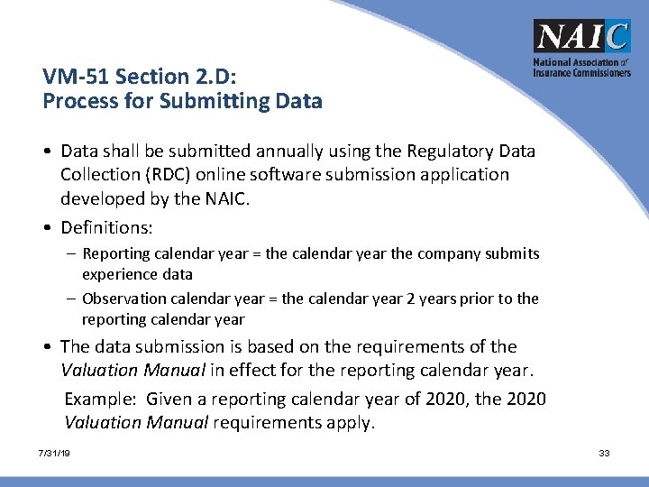 VM-51 Section 2. D: Process for Submitting Data • Data shall be submitted annually VM-51 Section 2. D: Process for Submitting Data • Data shall be submitted annually