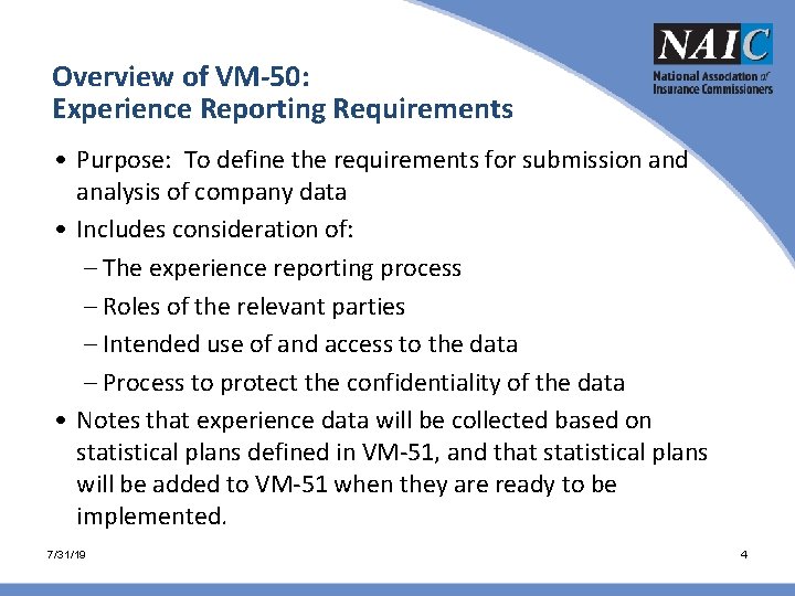 Overview of VM-50: Experience Reporting Requirements • Purpose: To define the requirements for submission Overview of VM-50: Experience Reporting Requirements • Purpose: To define the requirements for submission