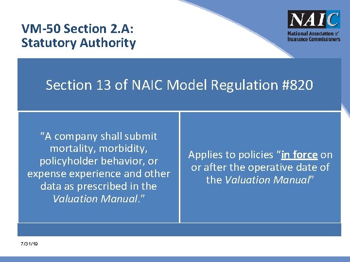 VM-50 Section 2. A: Statutory Authority Section 13 of NAIC Model Regulation #820 “A VM-50 Section 2. A: Statutory Authority Section 13 of NAIC Model Regulation #820 “A