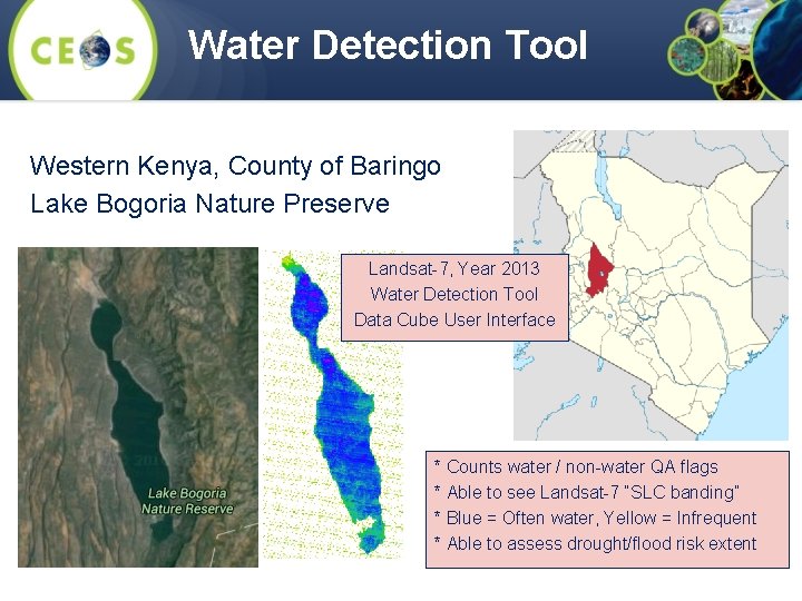 Water Detection Tool Western Kenya, County of Baringo Lake Bogoria Nature Preserve Landsat-7, Year