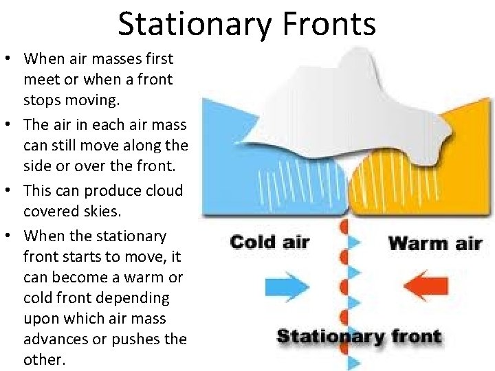 Stationary Fronts • When air masses first meet or when a front stops moving.