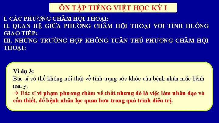 ÔN TẬP TIẾNG VIỆT HỌC KỲ I I. CÁC PHƯƠNG CH M HỘI THOẠI: