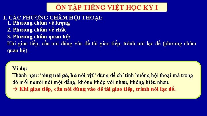 ÔN TẬP TIẾNG VIỆT HỌC KỲ I I. CÁC PHƯƠNG CH M HỘI THOẠI: