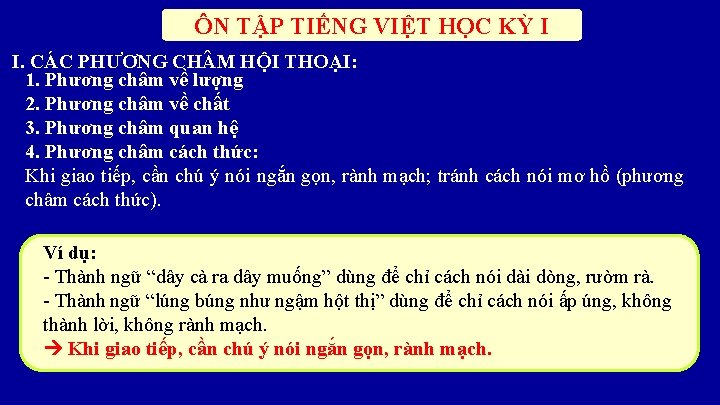 ÔN TẬP TIẾNG VIỆT HỌC KỲ I I. CÁC PHƯƠNG CH M HỘI THOẠI: