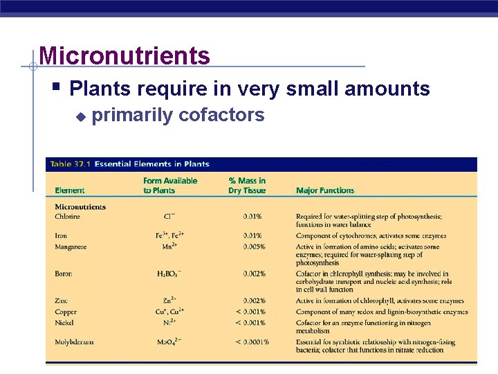 Micronutrients § Plants require in very small amounts u primarily cofactors 