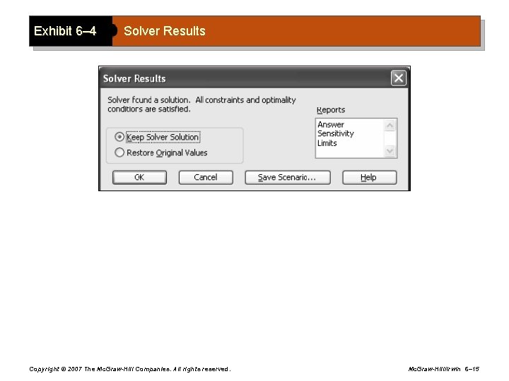 Exhibit 6– 4 Solver Results Copyright © 2007 The Mc. Graw-Hill Companies. All rights