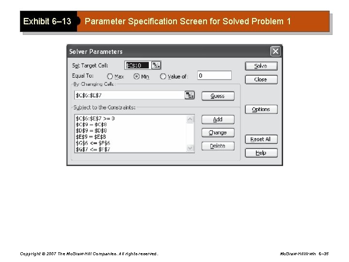 Exhibit 6– 13 Parameter Specification Screen for Solved Problem 1 Copyright © 2007 The