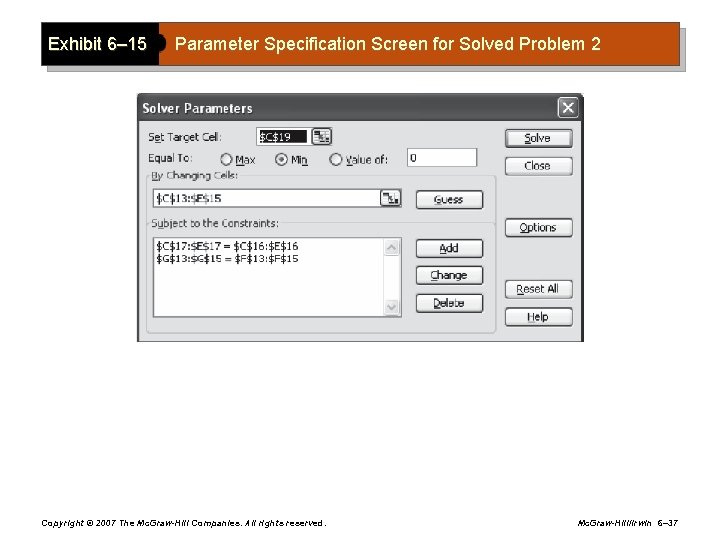 Exhibit 6– 15 Parameter Specification Screen for Solved Problem 2 Copyright © 2007 The