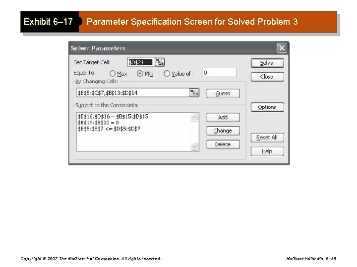 Exhibit 6– 17 Parameter Specification Screen for Solved Problem 3 Copyright © 2007 The