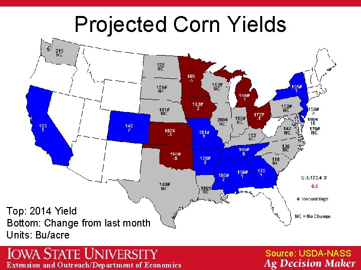 Projected Corn Yields Top: 2014 Yield Bottom: Change from last month Units: Bu/acre Source: