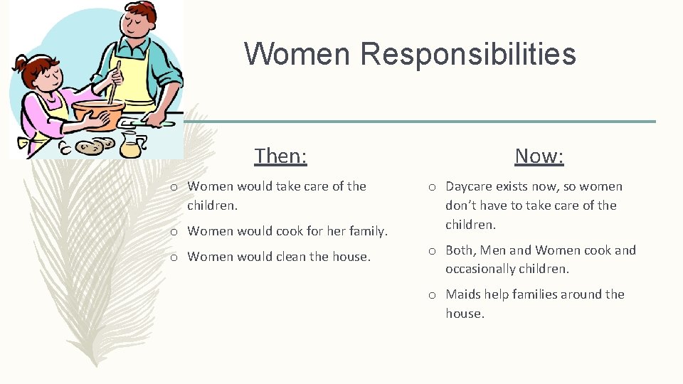 Women Responsibilities Then: o Women would take care of the children. o Women would