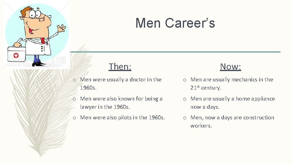 Men Career’s Then: Now: o Men were usually a doctor in the 1960 s.